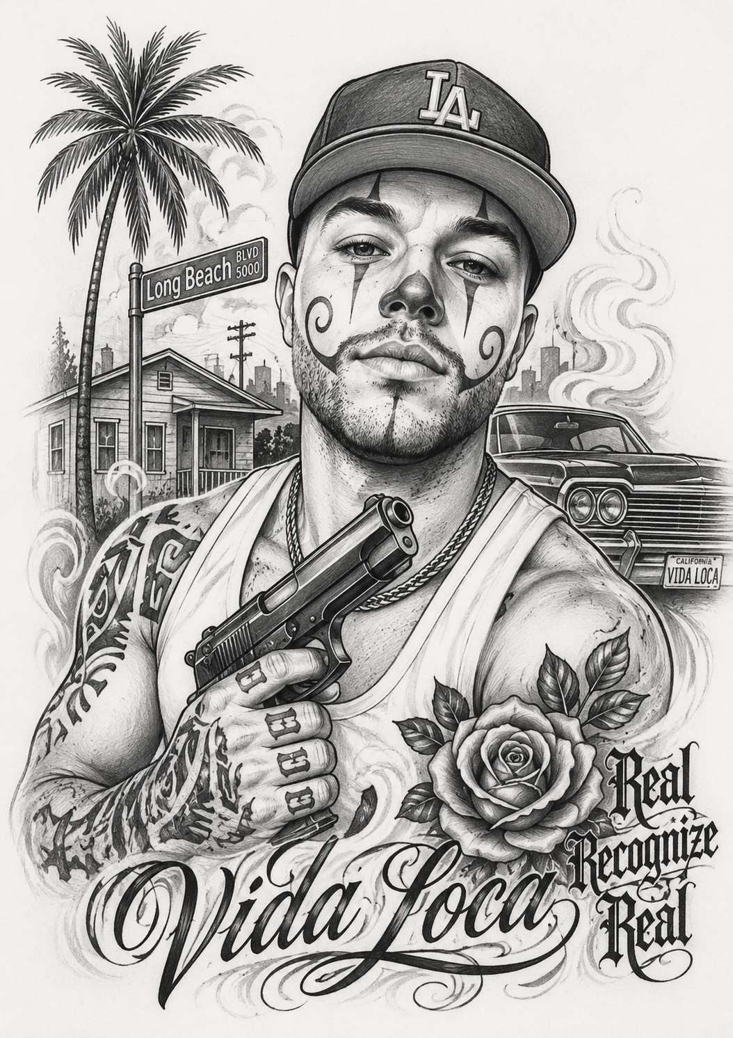 Чикано-эскиз с автомобилем, розой, надписью Real Recognize Real и улицей Long Beach